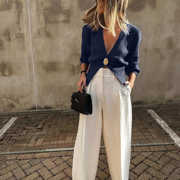 Blue Casual Women's Elegant Minimalist vneck button detailed sweater Cardigan - Picture 5 of 7